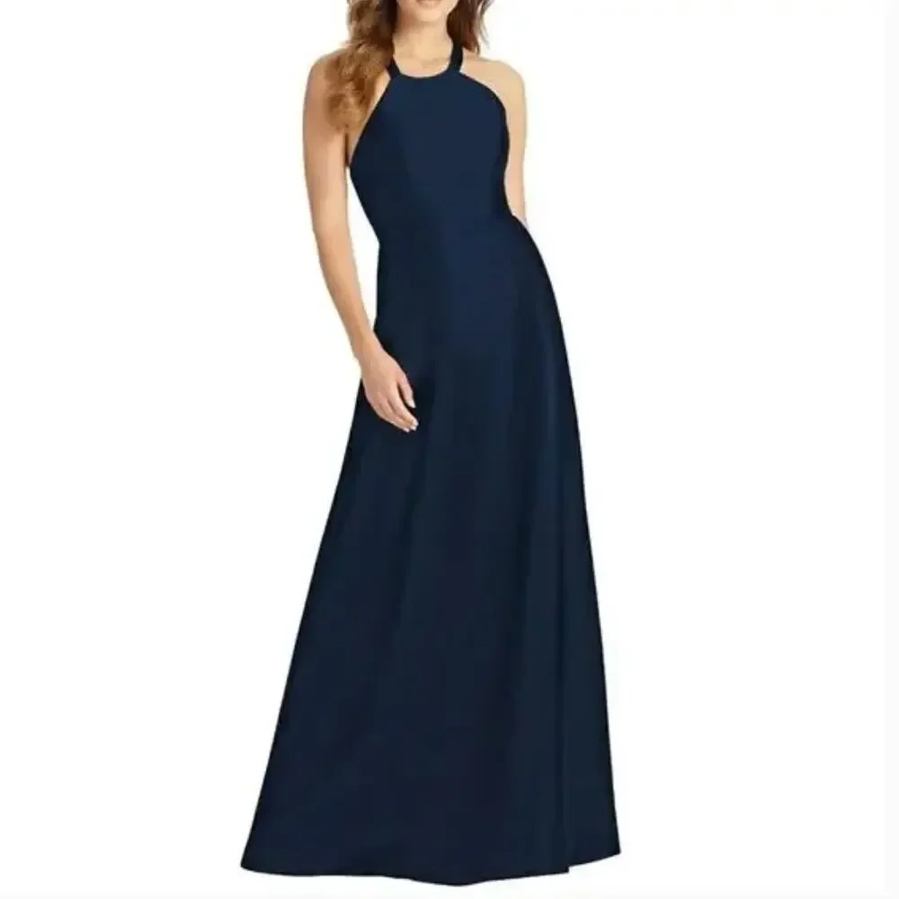 ALFRED SUNG Navy Blue Satin Dress with Lace-Up Back - Picture 11 of 11